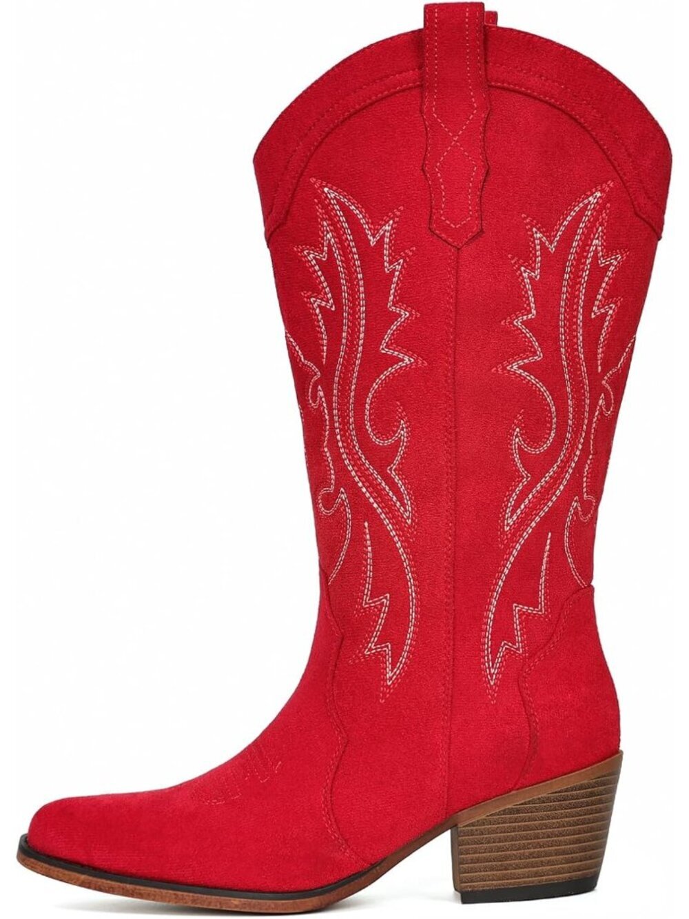 Women’s Red Western Cowboy Boots Mid-Calf Chunky Heel Snip Toe Low Instep - Picture 5 of 6